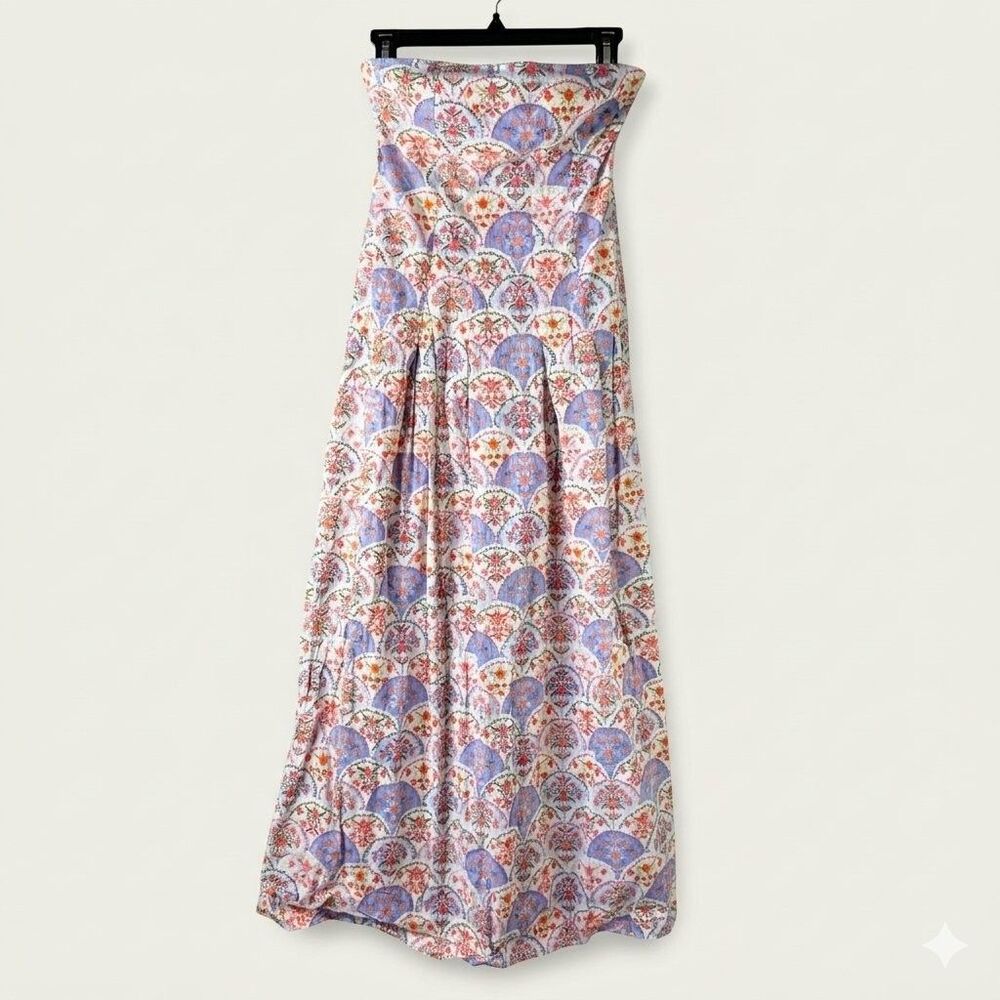 7 For All Mankind Strapless Midi Dress Small S Floral Fan Tile Cotton Drop Waist